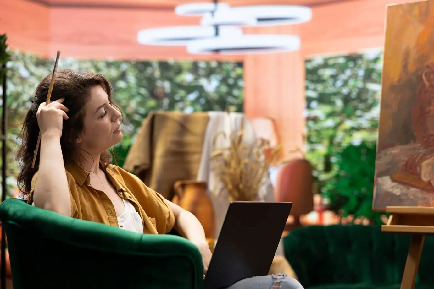 Una artista busca inspiración para una nueva pintura en un portátil.